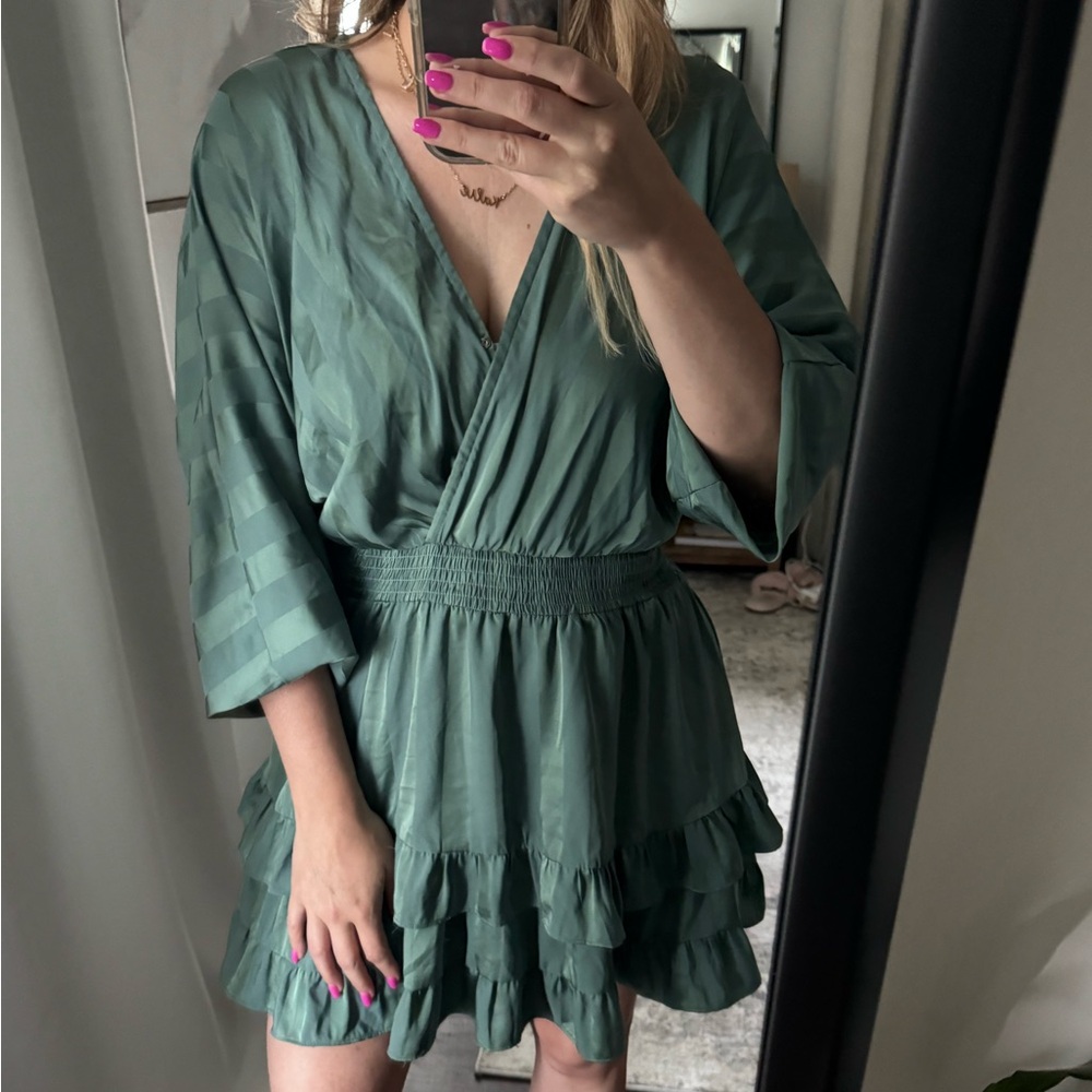 Elegant Green Stripe Ruffle Summer Spring Dress - Picture 9 of 13